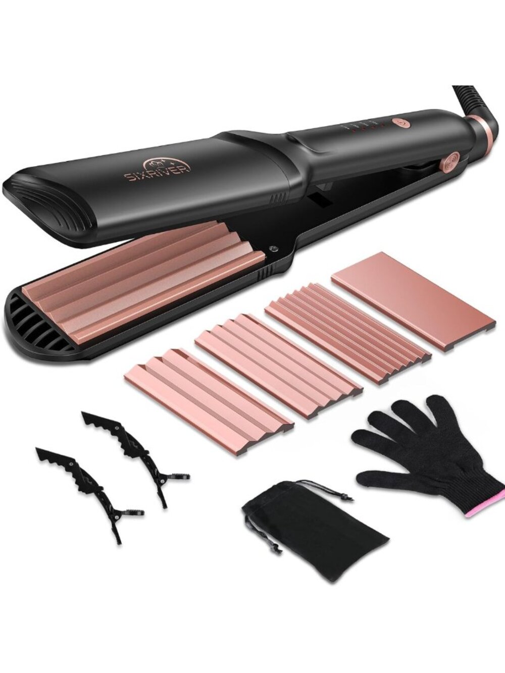 4-in-1 Hair Crimper & Waver Tool, Ceramic Flat Iron, Fast Heating, Rose Gold